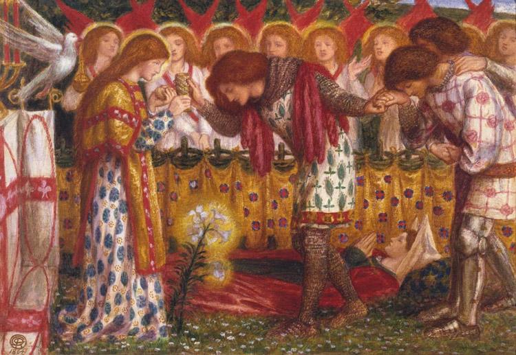 Dante Gabriel Rossetti How Sir Galahad,Sir Bors and Sir Percival were Fed with the Sanc Grael But Sir Percival's Sister Died by the Way (mk28) oil painting image